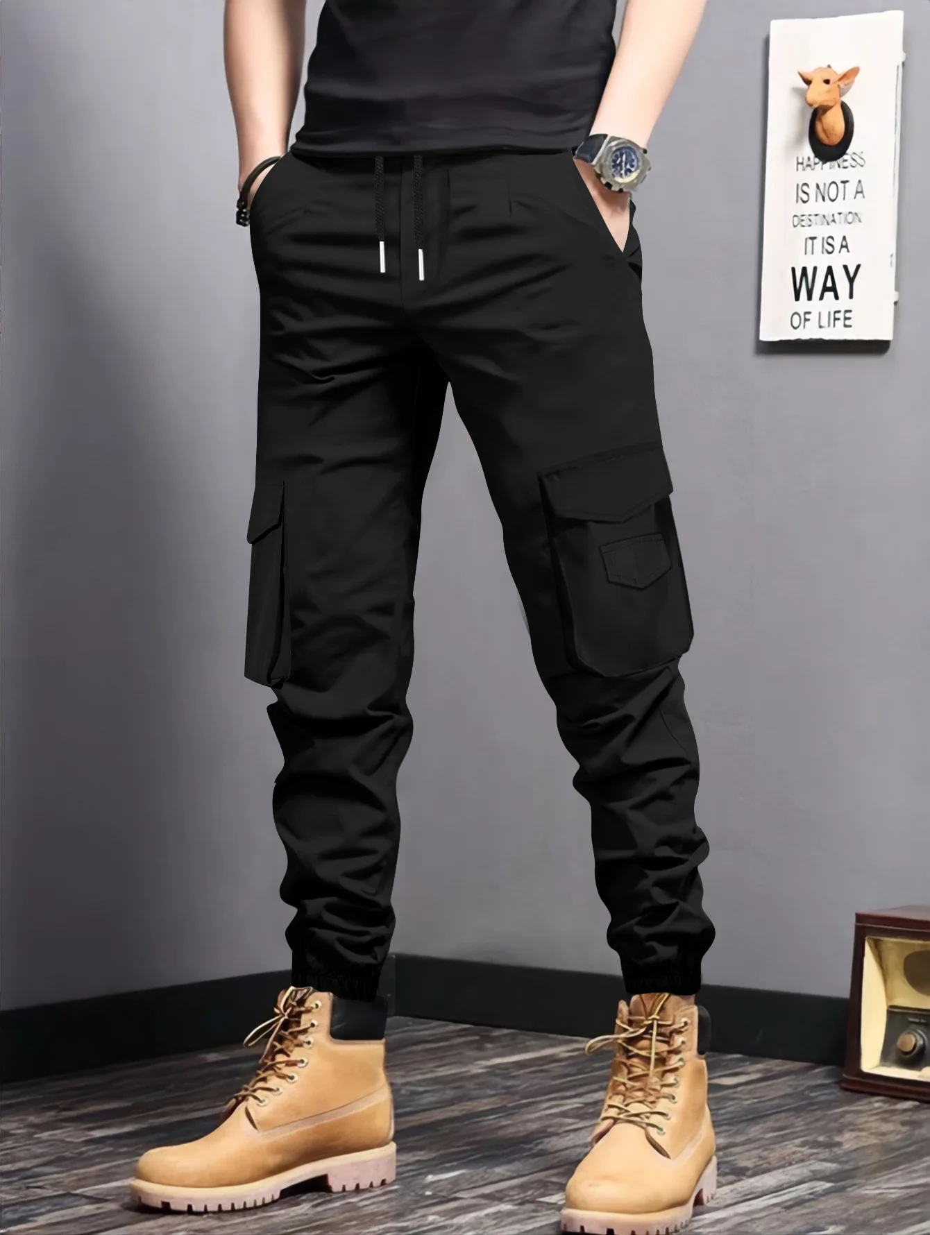 새로운 겨울 및 가을 남성 작업 바지, 캐주얼 바지, 다수의 포켓과 신축성 있는 밑단이 있는 슬림핏 남성 바지