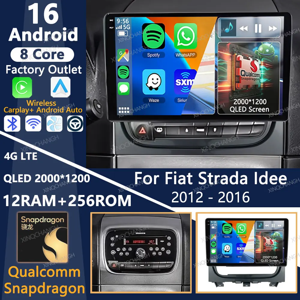 Radio para Auto Android 16 para Fiat Strada Idea 2012-2016, Unidad Principal Qualcomm con Bluetooth, 4G, WIFI, 2DIN, Navegación, Reproductor Multimedia de Video, GPS