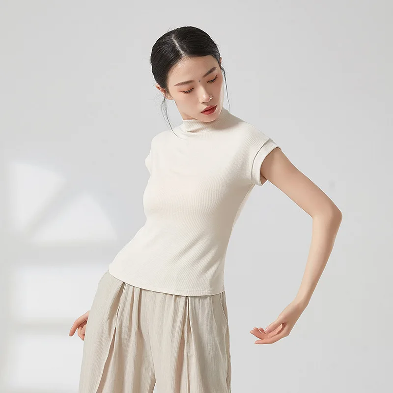 Modern Dance Women Training Clothes Turtleneck Short Sleeve Elegant Top Classical Dance Slim Daily Clothes