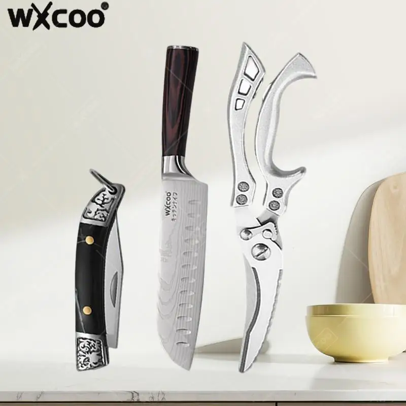 WXCOO Damascus Steel Kitchen Knife Japanese Santoku Razor-Sharp Blade Wooden Handle Cooking Cutter Tools Sushi Meat Cleaver