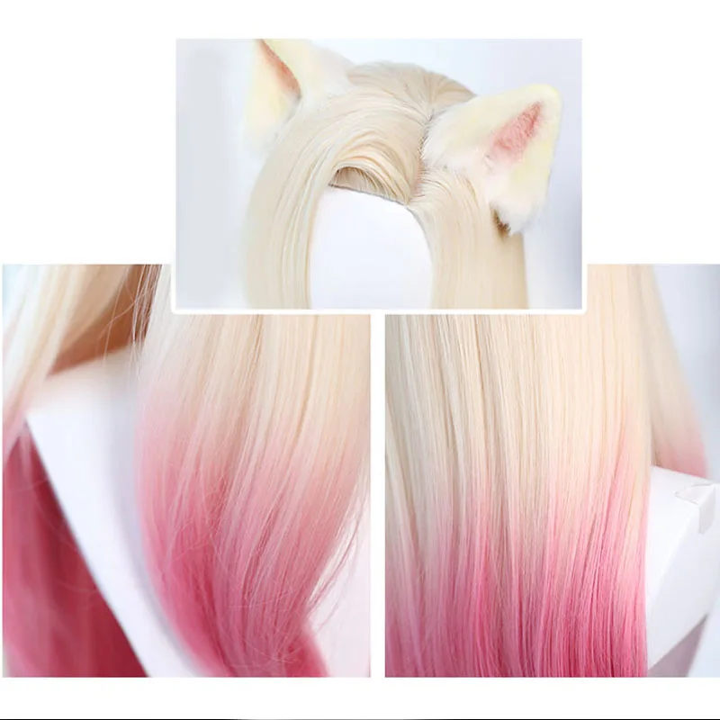 Термостойкие синтетические волосы, блондинка, смешанные розовые термостойкие парики из волос + шапочка для парика LOL KDA Baddest Ahri, парик для косплея с ушками