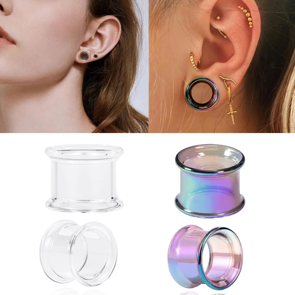 2pcs Glass Ear Gauges Plugs and Tunnels Clear,Rainbow Double Flared Gauges Earrings 6-16mm Ear Stretcher Expander Body Jewelry