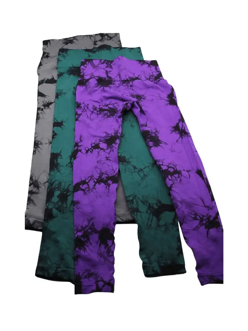 3 szt. Bezszwowe legginsy do jogi do biegania Tie Dye, wysokiej talii trening podnoszący biodra sportowe legginsy fitness, damska odzież sportowa