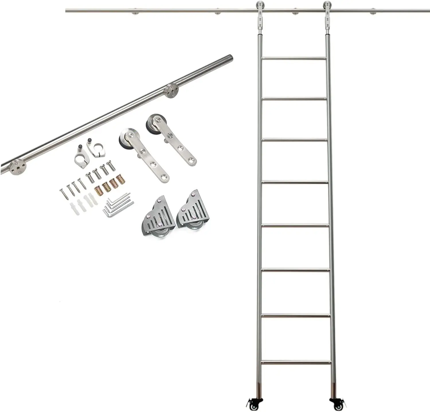 Полная фурнитура для раздвижной двери сарая-круглая трубка из нержавеющей стали, передвижная лестница с напольными роликами (без лестницы) (Размер: