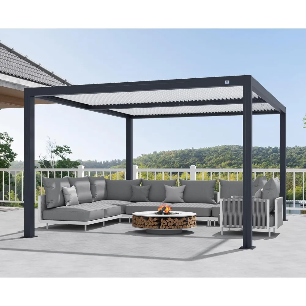 12' X 12' verstelbare lamellenpergola met drainagesysteem Aluminium buitenpergola, dakhardtop tuinhuisje Metalen terraspergola