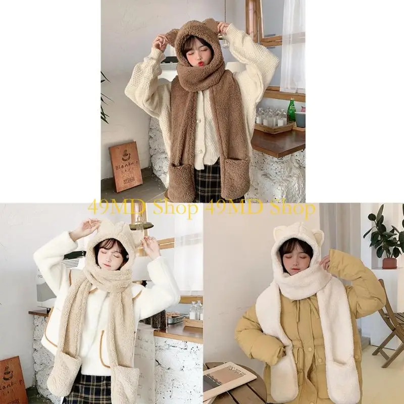 

49MD Winter Faux Fur Plush Hood Hat Scarf and Gloves Mittens 3 in 1 Long Hooded Shawl