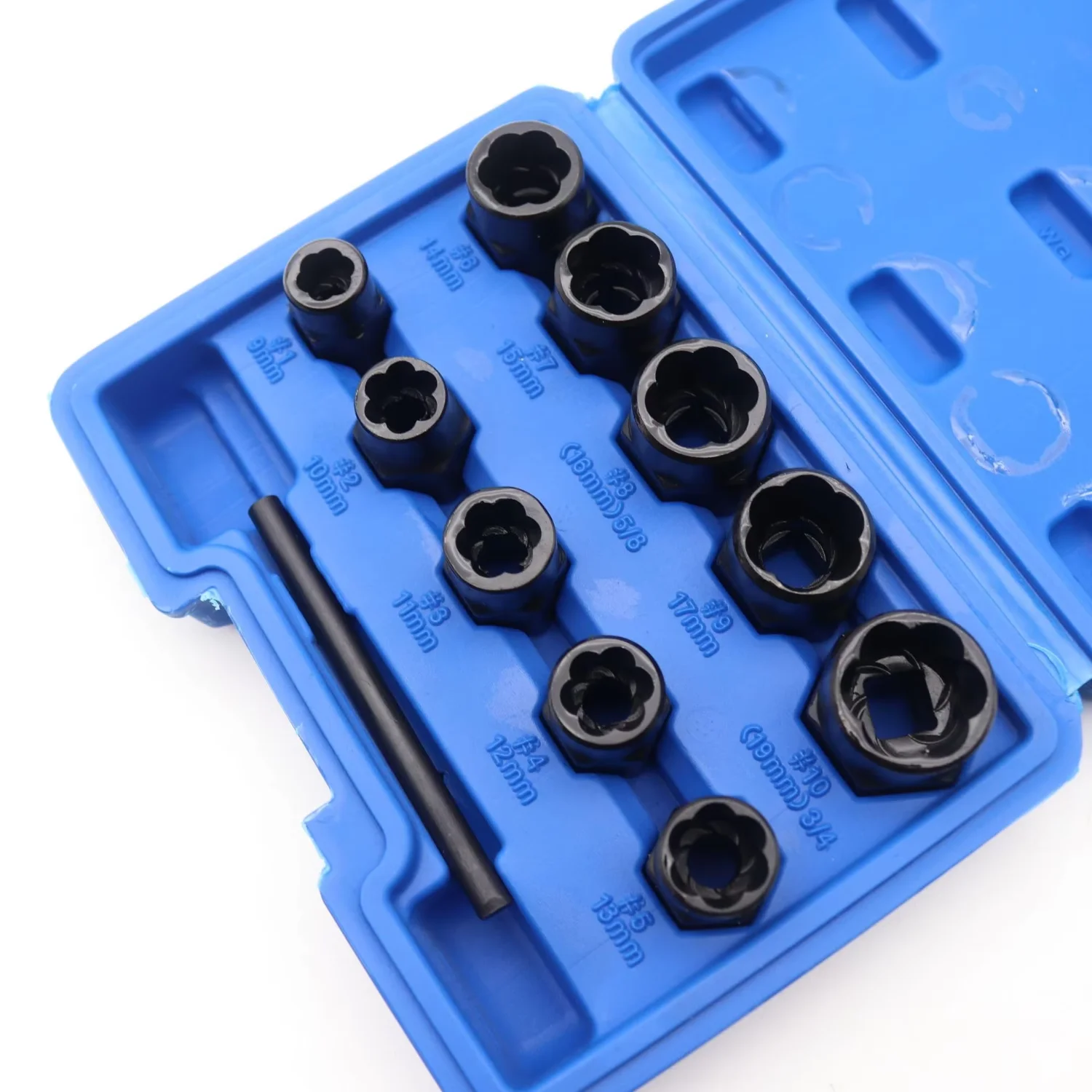 11-teiliges Twist-Steckschlüssel-Set, 9–19 mm Radmutter-Entferner-Set, beschädigter Bolzen, Schraubenmutter-Extraktor-Werkzeug-Set, einschließlich einer Stanzstange