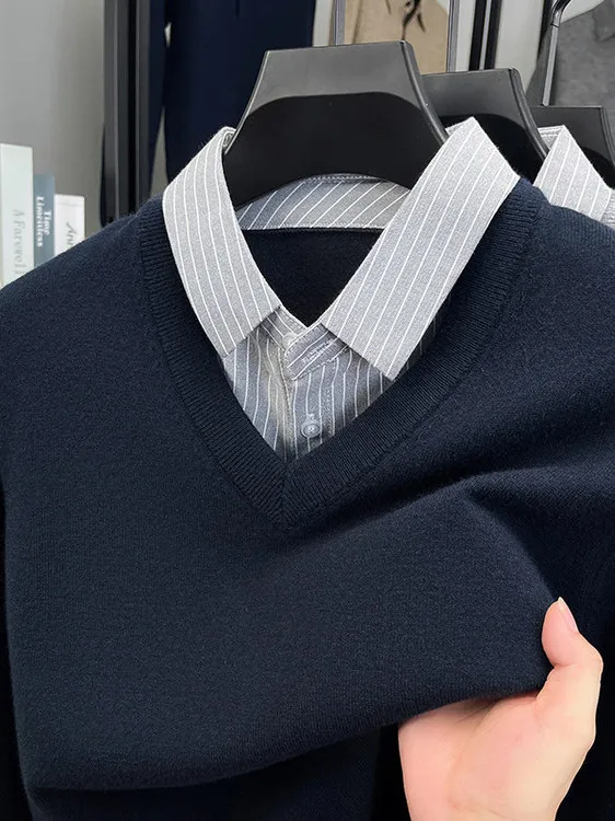 

Мужской шерстяной вязаный свитер с воротником-стойкой, осенне-зимний, теплый, однотонный, базовый слой, модный, городской стиль, длинный рукав, в полоску