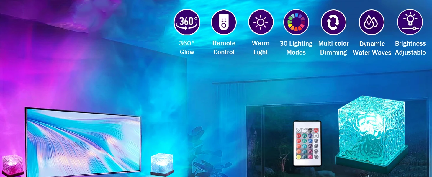 Ocean Wave Aurora Projector Light Remote 16 Colors RGB Dimmable Water Ripple Flame Crystal Lamp for Living Room Study Bedroom