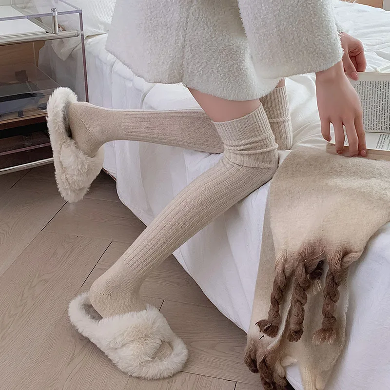 

2025 Autumn Winter Women Stockings Wool Cashmere Thermal Knee High Socks Thicken Warm Solid Color Socks Thigh High Stockings Sox