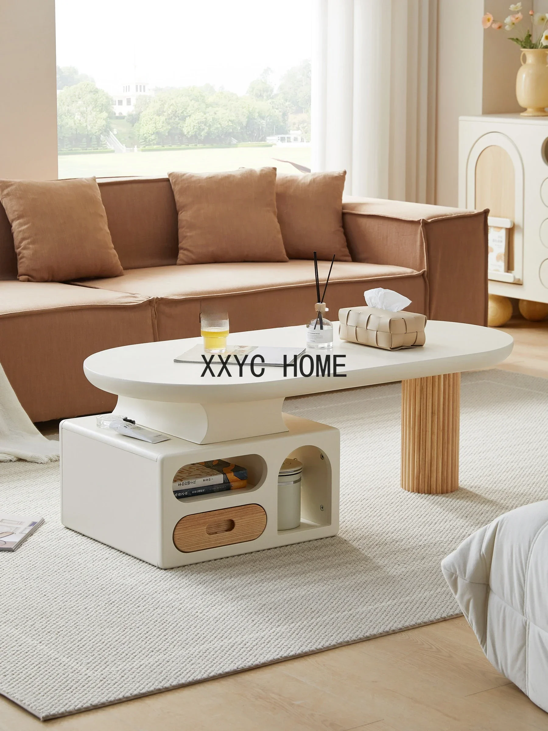 

Creative Coffee Table Living Room Balcony Small Apartment Tea Table Simple Solid Wood Oval Small Tea Table