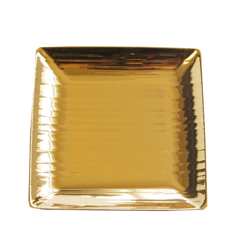 

Gold Ceramic Plate European luxurious Horizontal Pattern Square plates dessert fruit salad jewelry storage