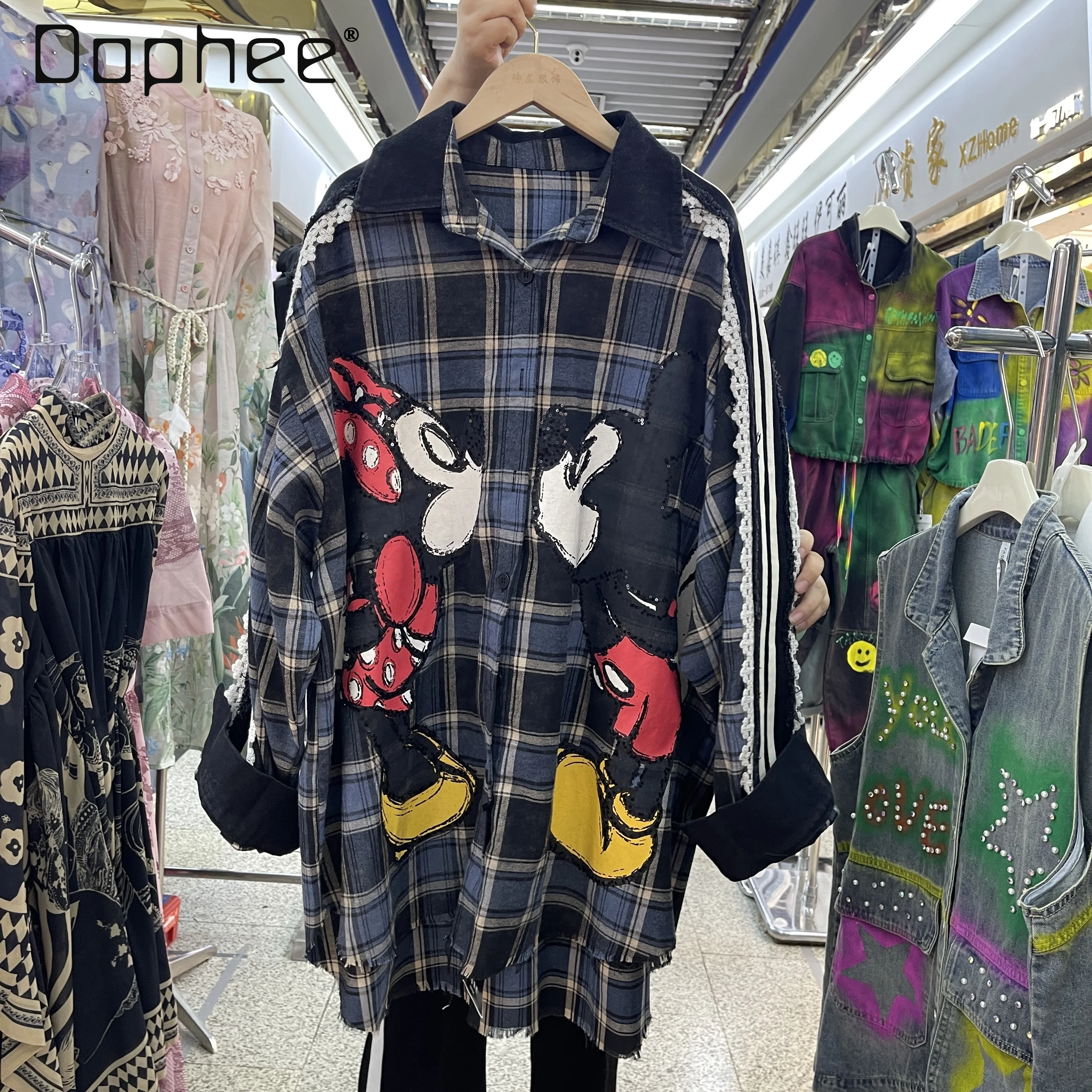 

Spring New Fashion Cartoon Print Sequin Versatile Casual Loose Long Sleeve Shirt for Women Trendy Brand Turn-down Collar Top