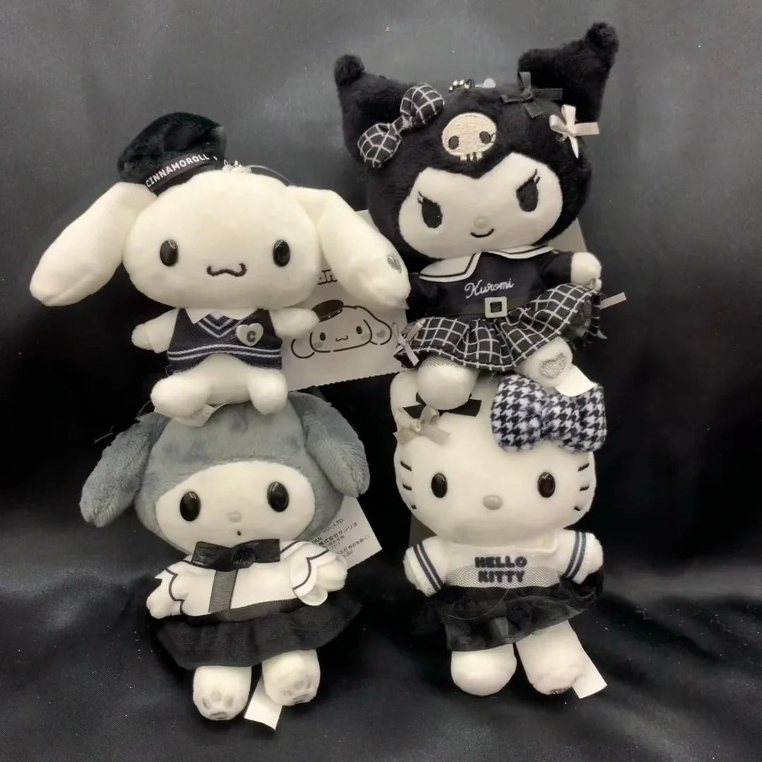 Sanrio Black White Impression Kitty cat Melody Retro Cinnamoroll Plush Cartoon Keychain Fashionable Bag Pendant Stuffed Toy