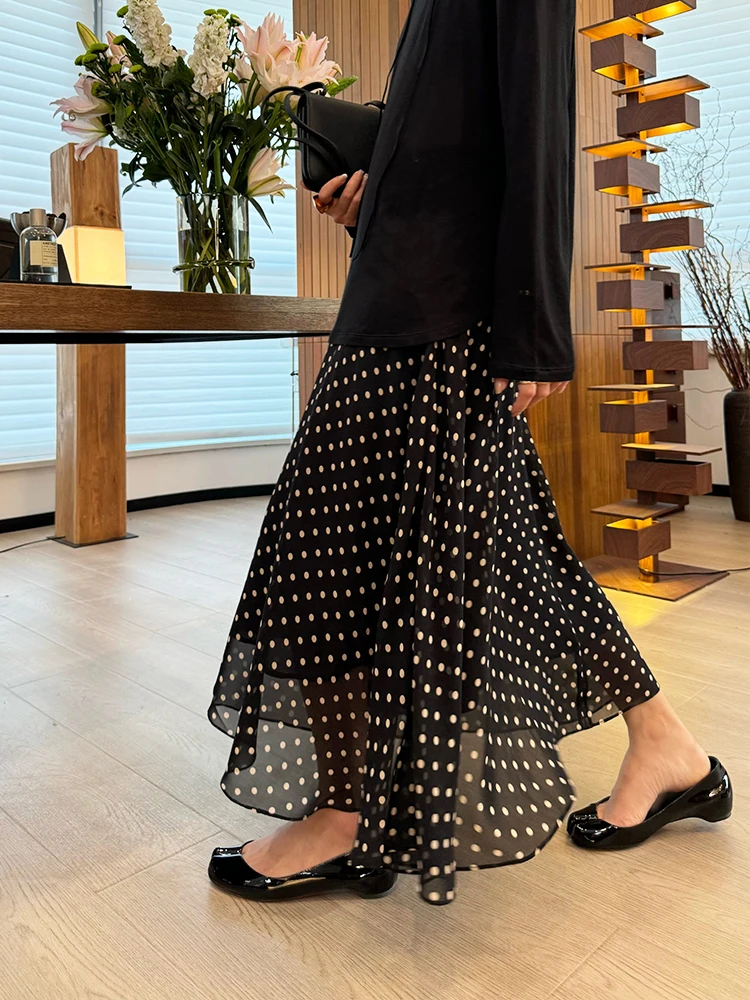 

Модная приталенная юбка миди в горошек от Buue, универсальный А-силуэт, британский стиль, дизайн с завышенной талией, шелковый материал