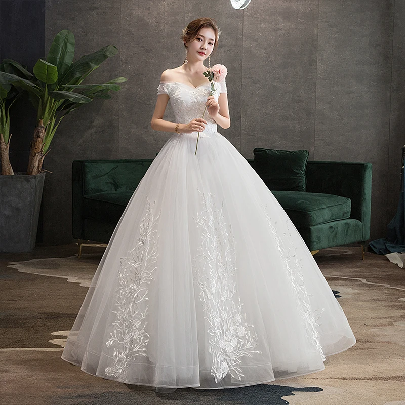 Vestido De novia De talla grande con cuello Barco, vestidos De novia clásicos con hombros descubiertos, Apliques De encaje elegantes, bata larga De Mariee