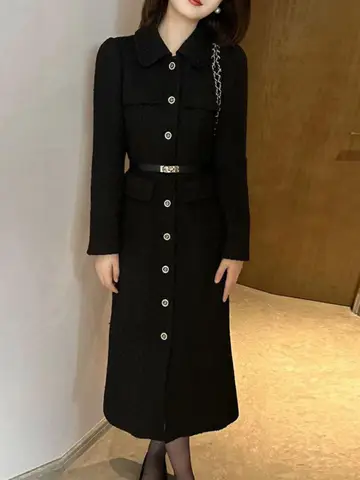 우아한 두꺼운 울 드레스 여성용 봄 헵번 스타일 슬림 A라인 스커트 긴 소매 라운드 넥 출퇴근용 가을 겨울