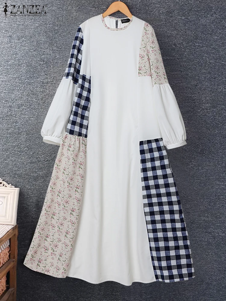 ZANZEA Women Midi Dress 2024 Long Sleeve O-Neck Vestidos American Style Colorblock Sundress Sweety Floral Printing A-Line Robe