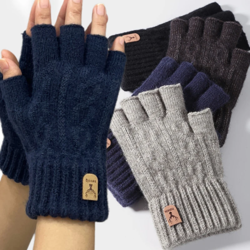 Winter Knitted Thick Thermal Half Finger Gloves Women Men Outdoor Warm Cotton Wool Driving Fingerless Glove Touchscreen Mittens