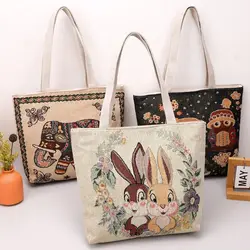 Women National Style Handbag Shoulder Bags Canvas Wallets Embroidered Elephants Owls Flowers Rabbit Shopping Tote