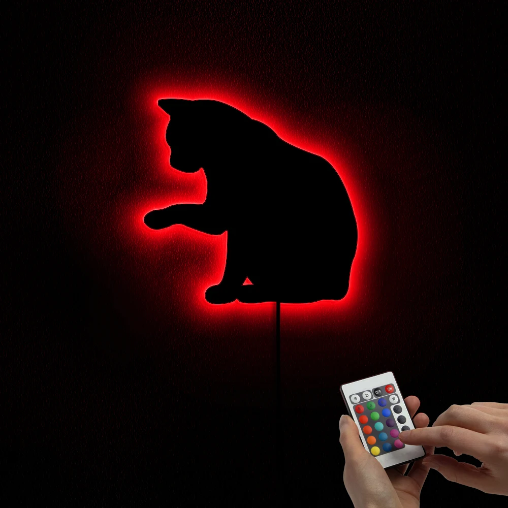 Relaxed Cat Wall Mirror With LED Blacklight Kitten Cat Sitting Silhouette Decorative Mirror Girl Room Fashion Kitty Lovers Gift
