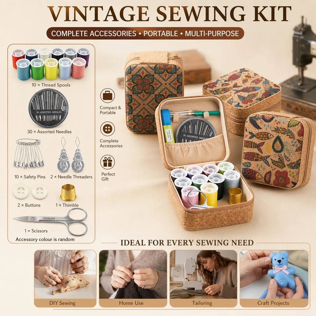 Sewing Kit Portable Vintage Sewing Kit Travel Sewing Kit with Case 12 Threads Scissors Needles Thimble Pins for DIY Home Repair
