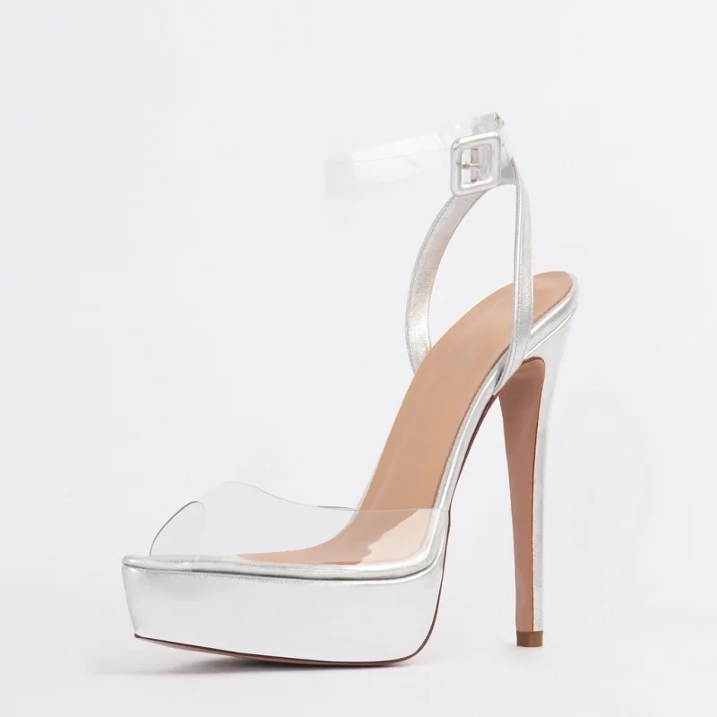 

Transparent PVC Buckle Strap High Platform Women Sandals Open Toe Silver Leather Hollow Gladiator Heels Dress Shoes