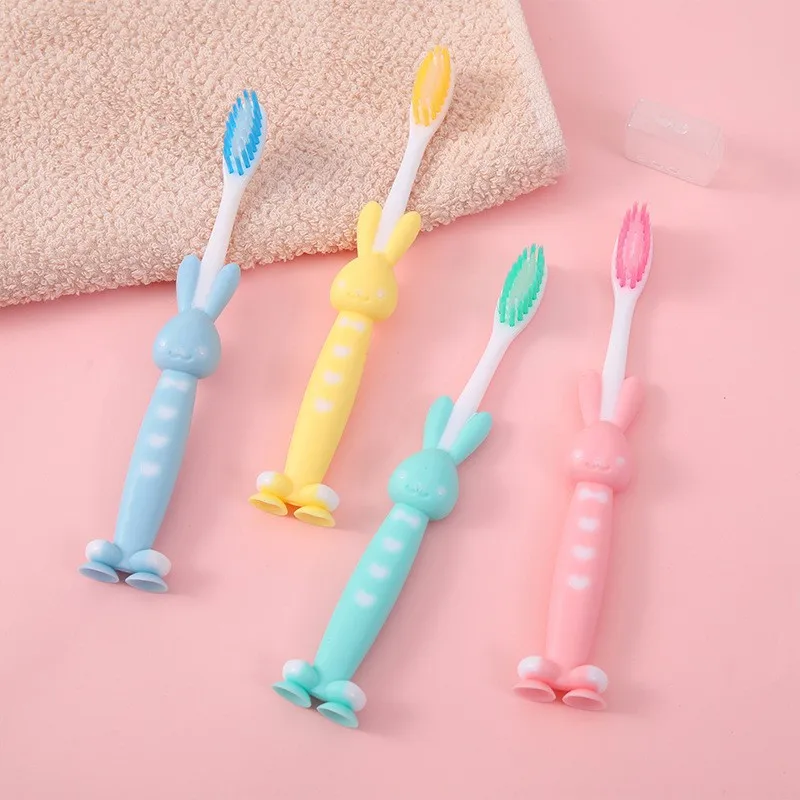 SMGSLIB 4Pcs kinder Weiche Zahnbürste Nette Bär Und Kaninchen Pinsel Dental Care Baby Zahnbürsten Mit Saugnapf Oral artikel