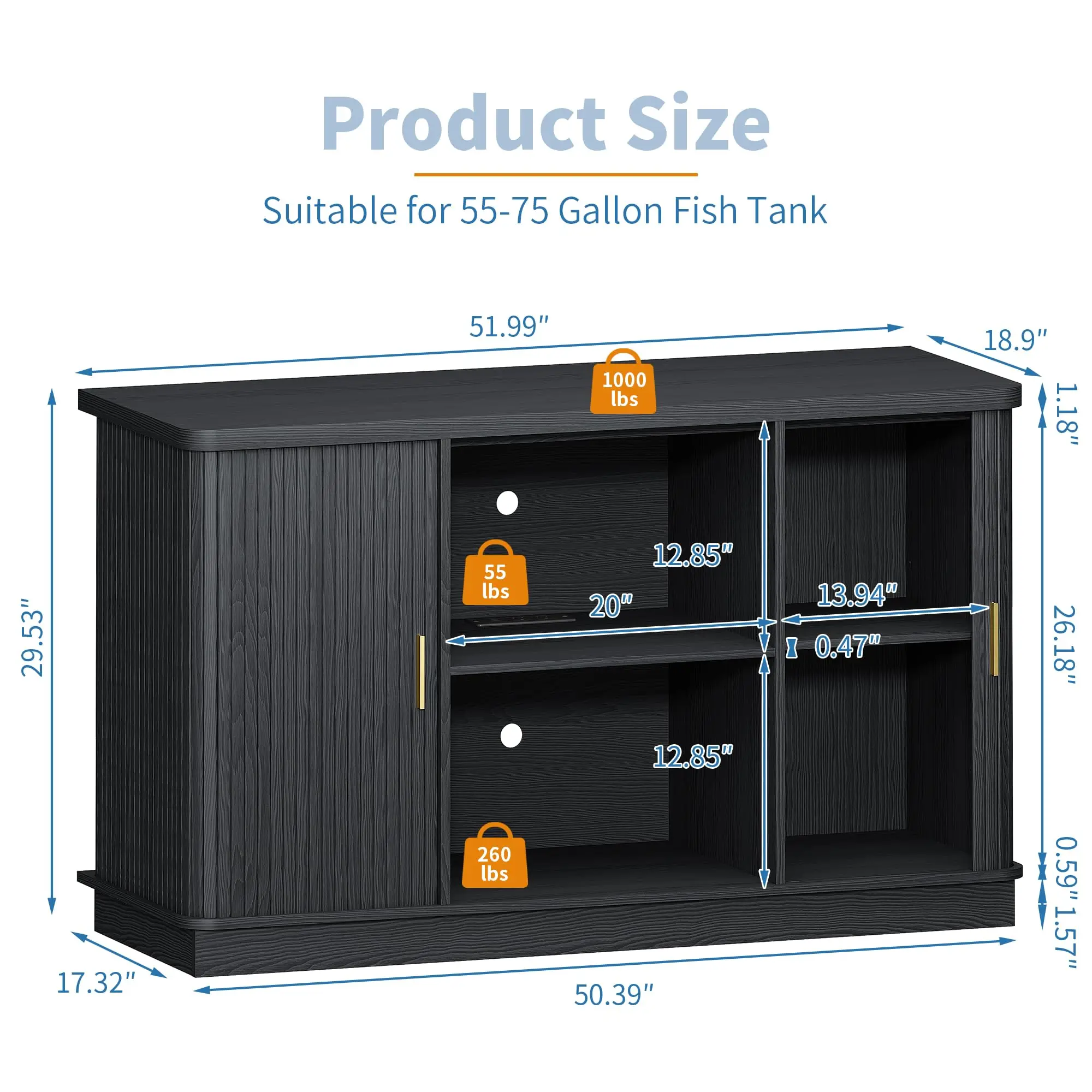 55-75 Gallon Fish Tank Stand with Power Outlet, Mid Century Modern Aquarium Stand with Adjustable Shelves and Sliding
