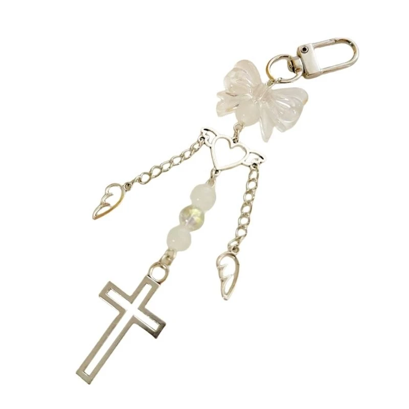 أنيقة الفراشة Bowknot Heart Termic Crosss سحر سلسلة المفاتيح في سبيكة بيضاء