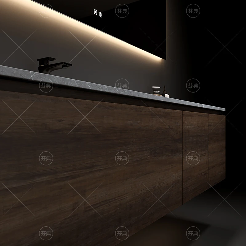 Designer Customized Bathroom Cabinet Combination Walnut Color Double Basin Rock Plate Integrated Bathroom Wash Table, Hand