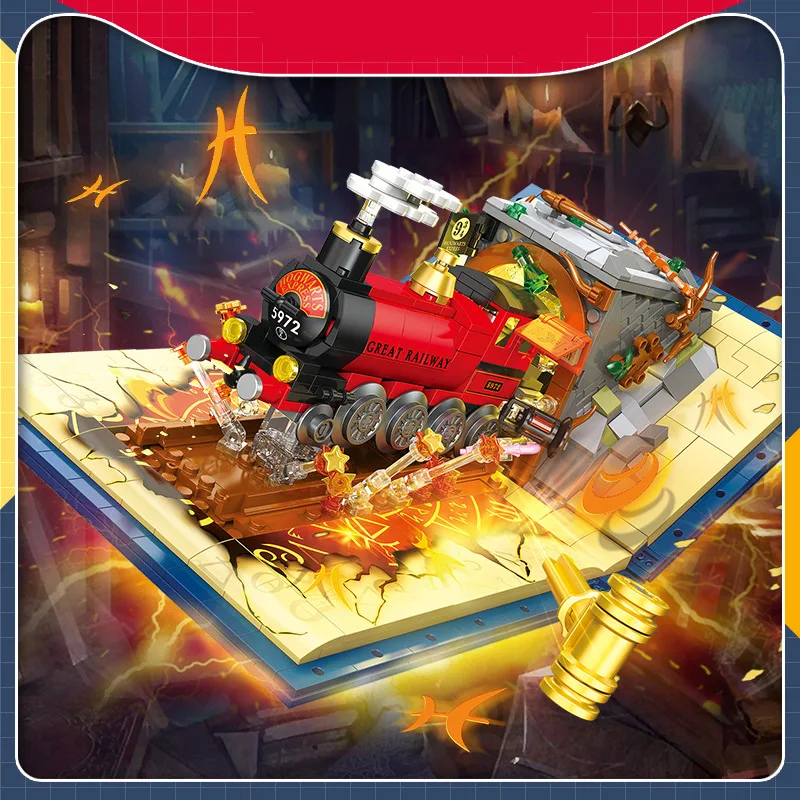 

DIY small-particle express train toy for older children, coming out of a magic book, interesting building block toy