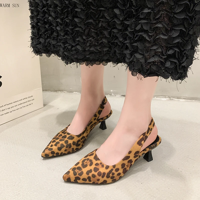 Women\'s Low Heel Slingback Sandals Summer Leopard Pointed End Woman Mules ZAZA  Fashion Animal Print Low-heel Beach Shoes