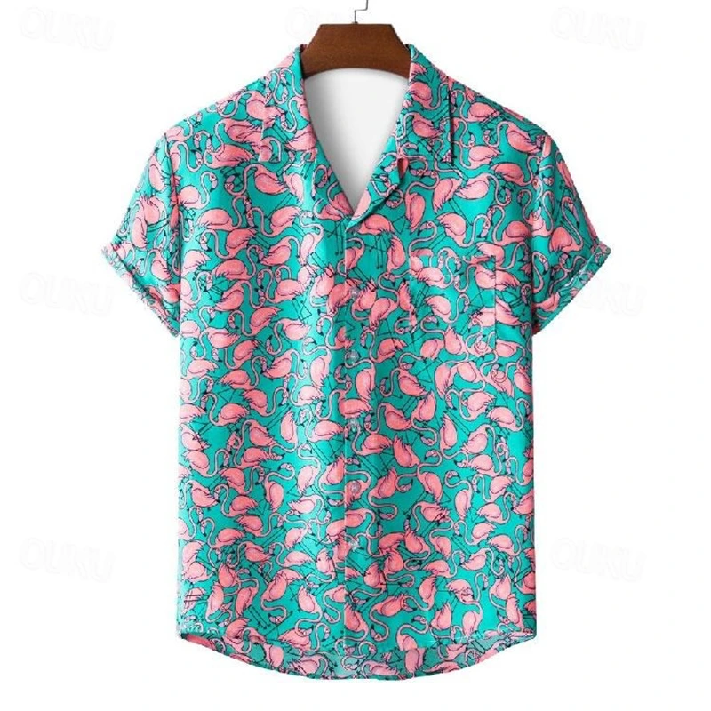 

Popular Summer Flamingo Print Men's Hawaiian Shirt Loose Lapel Short Sleeve Button Shirts Beach Vacation Daily Casual Blouse