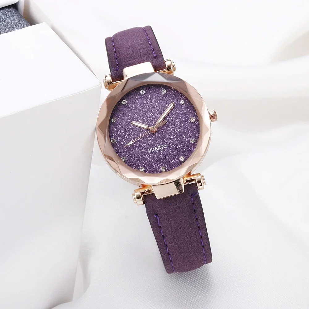 Round Face Rhinestone Star Sky Silver Pink Women for  Watch Leisure Fashion Trend Frosted Belt  Vintage Black Quartz Wristwatch