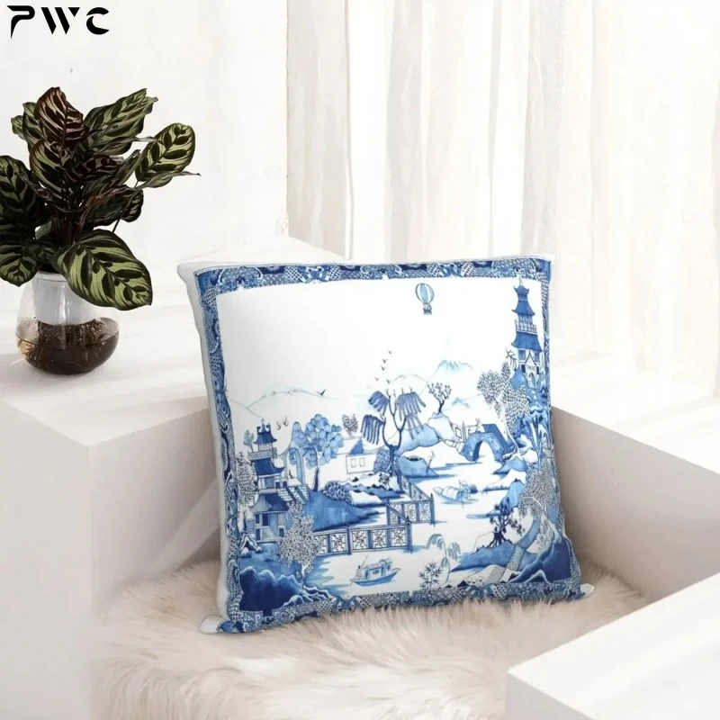 Chinoiserie Blue White Willow Plate Pillowcase Porcelain Dakimakura Pillow Case Decorative Cushions Cover Home Sofa Bed Bedding