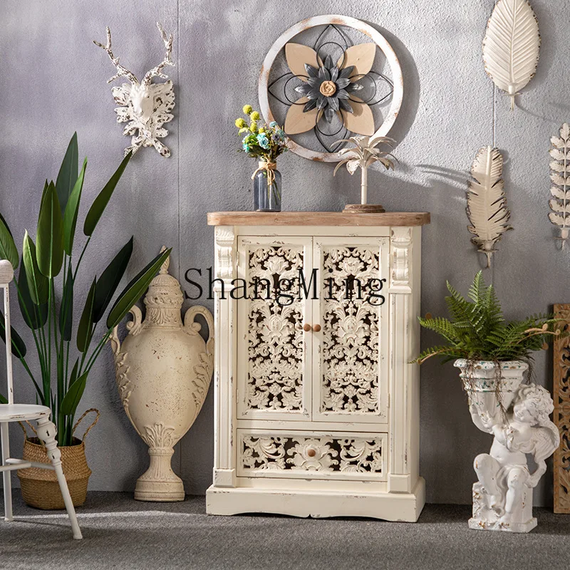 

FG retro solid wood bucket cabinet dining room hollow carved locker living room wall multi-functional side cabinet