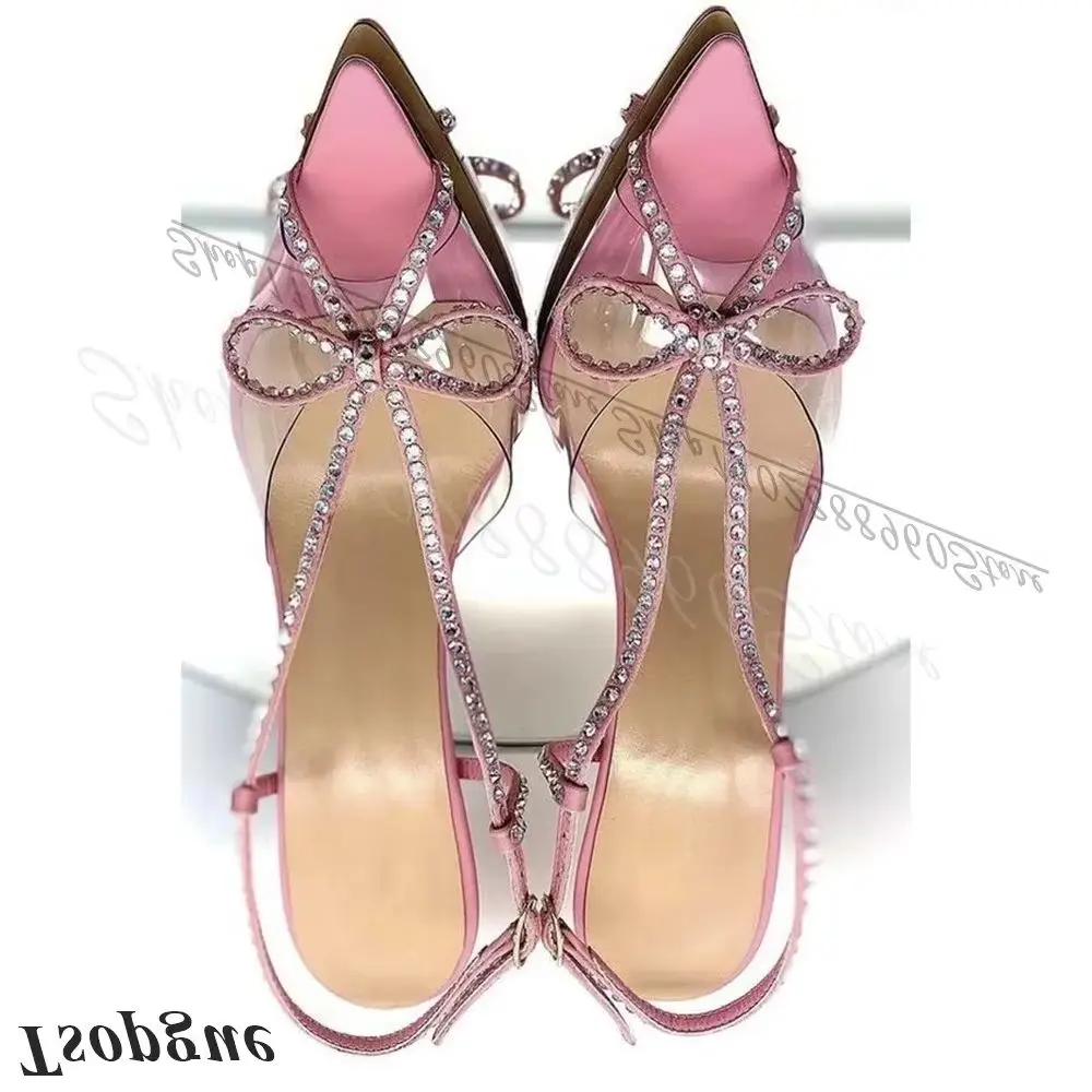 

Slingback Crystal Strap Clear PVC Bowknot Sandals Thin High Heel Pointy Shoes For Women Back Strap Peep Toe Graceful Sandals
