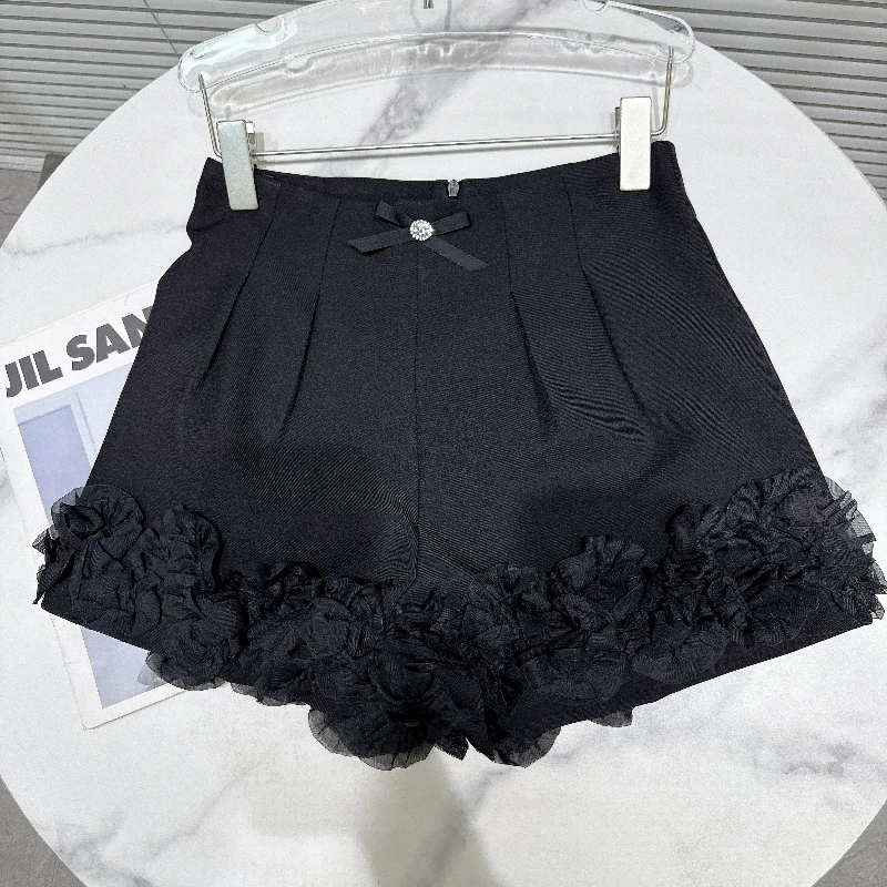 Sweet Ladies High Waist Dressy Shorts Pleated Hem Mesh Frill Bow Decor Sweet Cool Black Short Trousers Women 2026 Autumn New