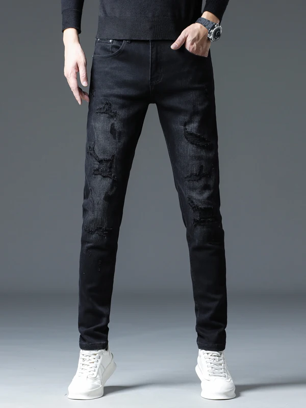 

Элитные винтажные джинсы класса люкс, черные, со средней посадкой, из хлопкового стрейч-денима, мужские, износостойкие, зауженного кроя, с дырками и заплатками, осенне-весенние, модные.