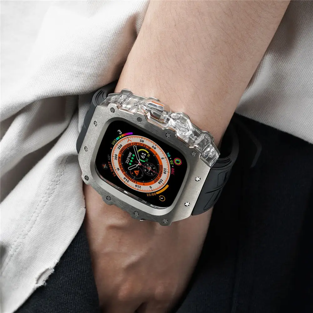 حافظة AP Mod Kit Premium من سبائك التيتانيوم لساعة Apple Series 9 8 7 6 5 4 SE Ultra Fluororubber Butterfly Buckle Band