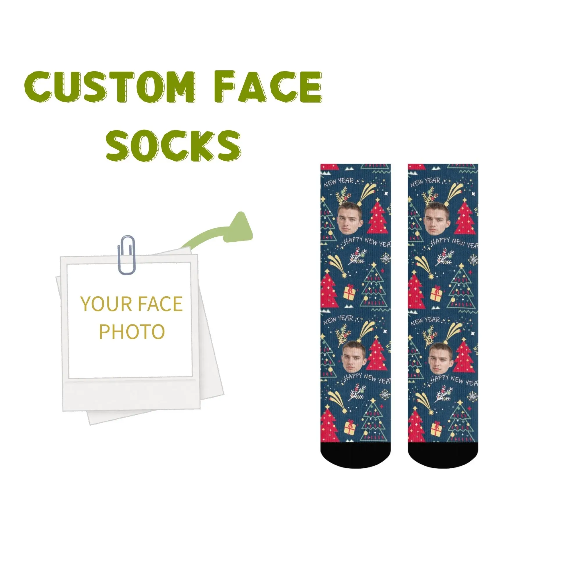 

Custom Face Happy New Year Socks with Christmas Trees Gifts & "HAPPY NEW YEAR" Personalized Festive Gift Dark Blue Crew Socks
