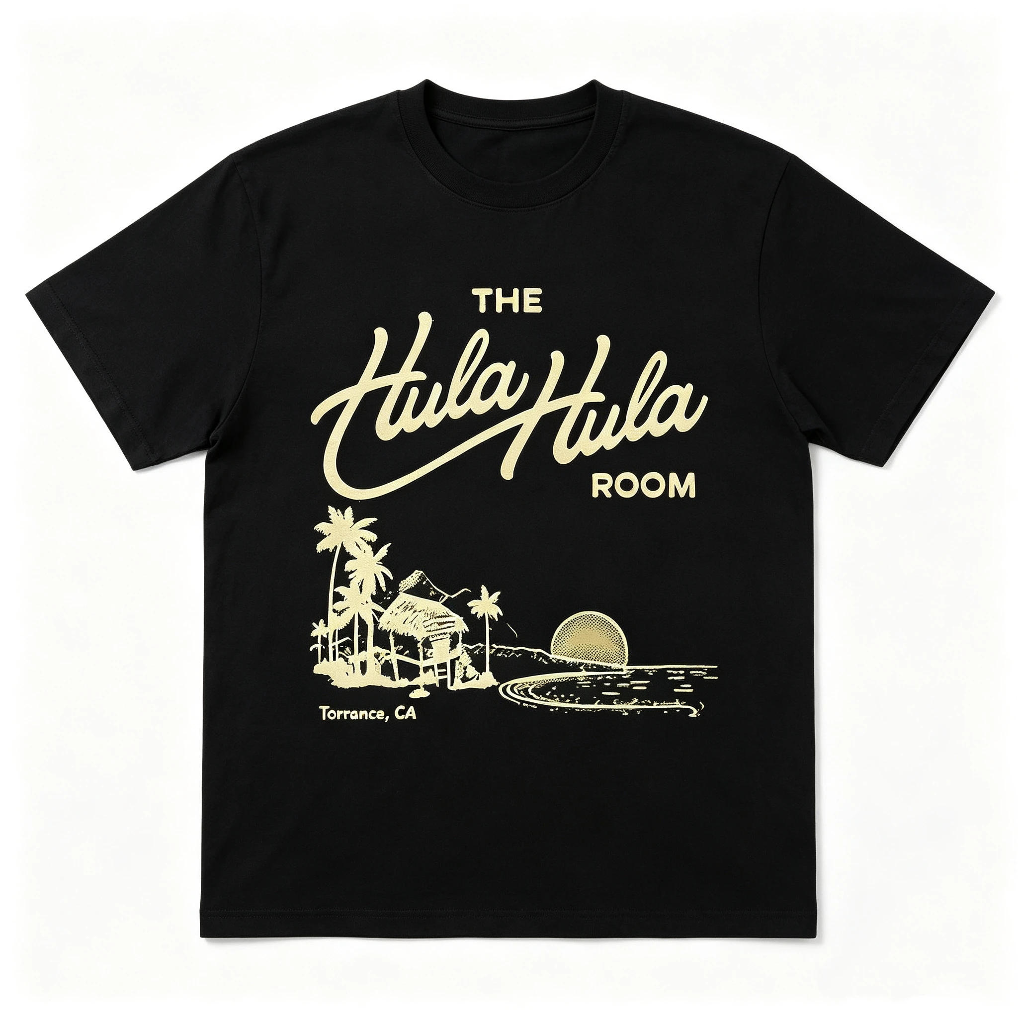 Unisex The Hula Hula Room Torrance CA Vintage Hawaii Palm Hut Sunset Graphic T Shirt Men Women Retro Beach Black Short Sleeve Casual Tee