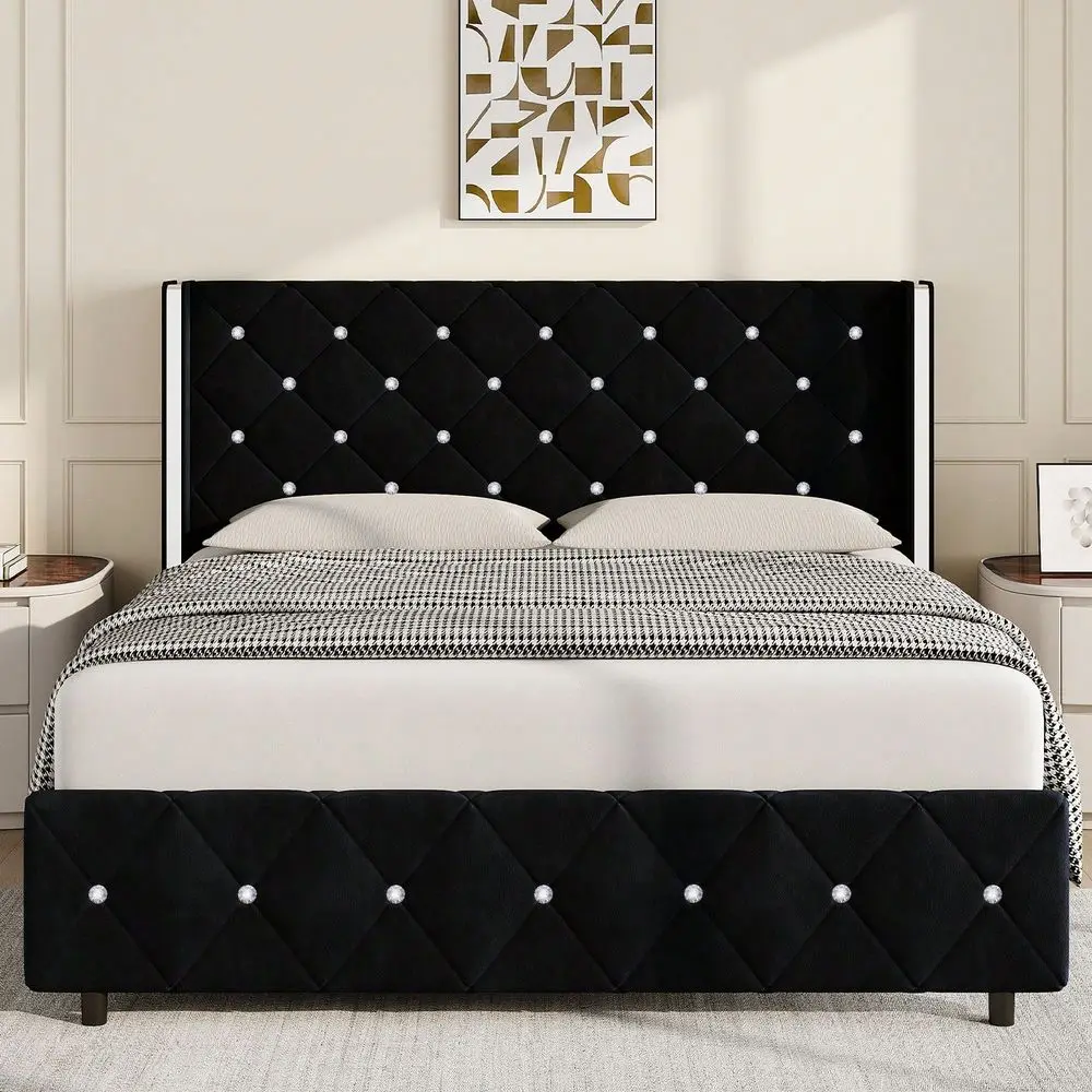 

Full Queen King Size Bed Frame With Wingback Headboard, Upholstered Bed Frame With Diamond Headboard And Footboard, Faux Leather