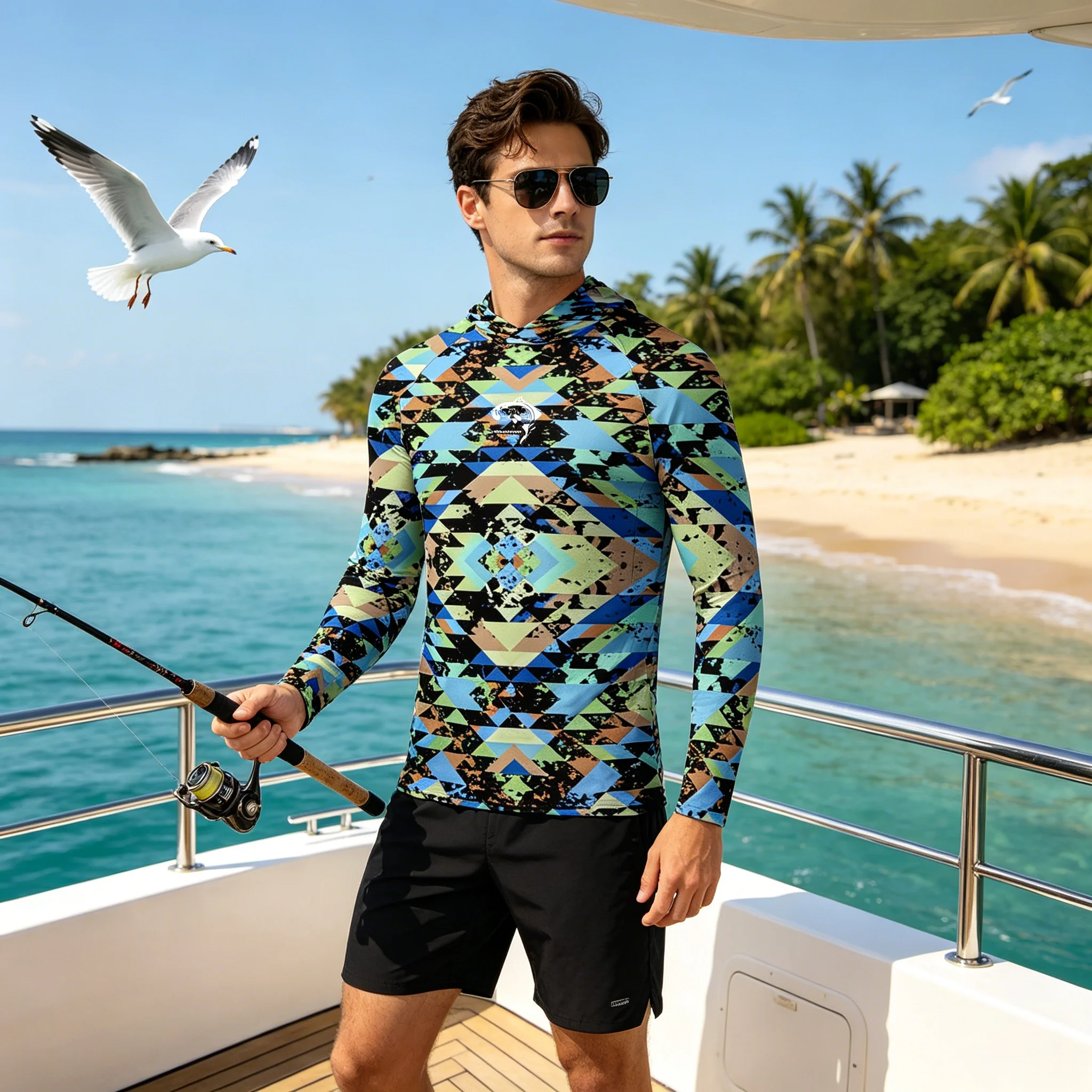 Fishing Hoodies Fish Shirts Men Long Sleeve UPF50 Sun Protection Camouflage Print Breathable Quick Dry Hooded Fishing Shirts