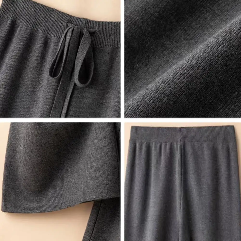 Knitwear Bottoms Women's Knitting Pants with Elastic Waist Adjustable Drawstring Straight Wide Leg Trousers