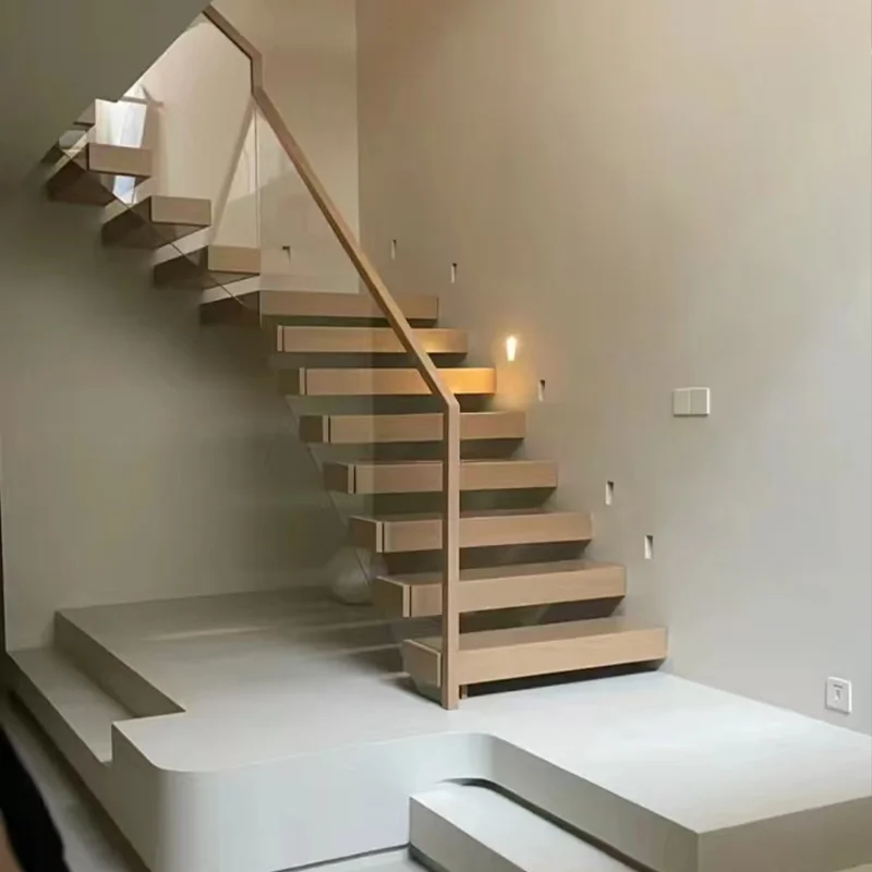 High-quality design Prefabricated apartment building staircase design Interior wooden tread floating staircase customization