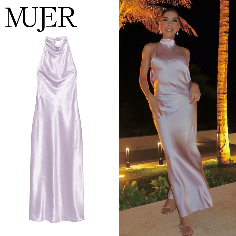 MUJER Satin Neckholder Lange Kleider für Damen Sexy Rückenfreies Sommerkleid Schulterfreies Abendkleid Damen Nacht-Maxikleid