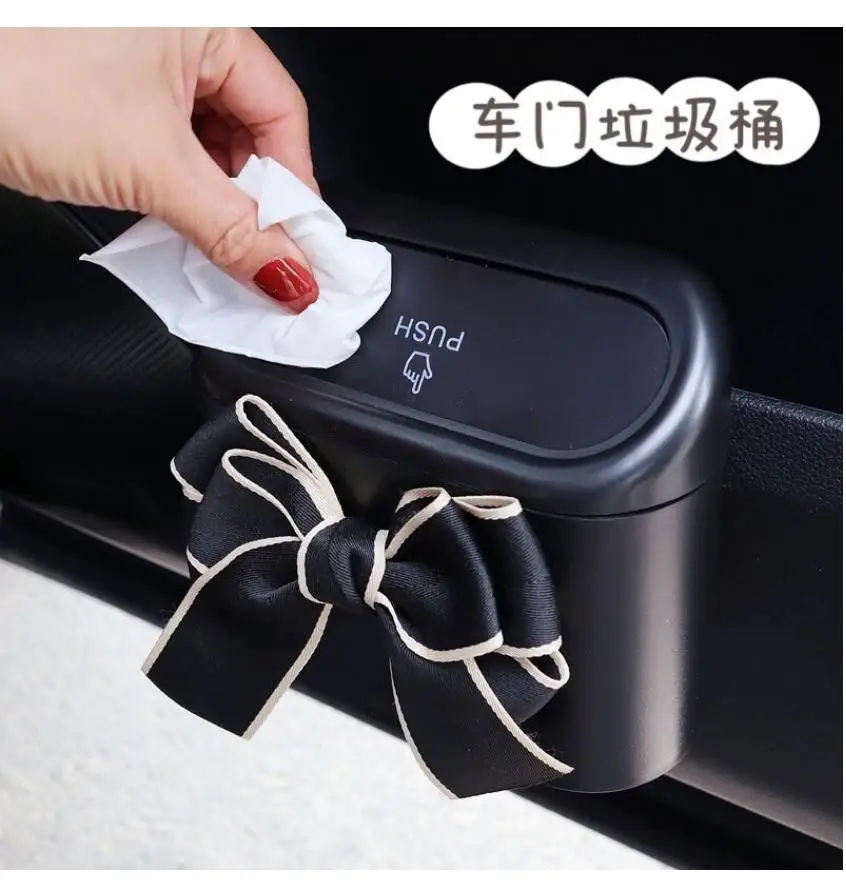 Bowknot Car Trash Bin Hanging Vehicle Garbage Dust Case Storage Box Send Garbage Bags Pressing Type Trash Can Auto Car Interior