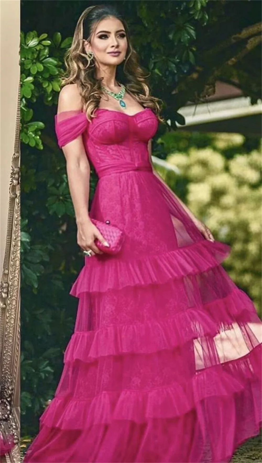 Amanda Fuchsia Tulle Gown A-line Multilayer Prom Dress 2023 Elegant Off Shoulder Party Dress Sweetheart فساتين مناسبة رسمية